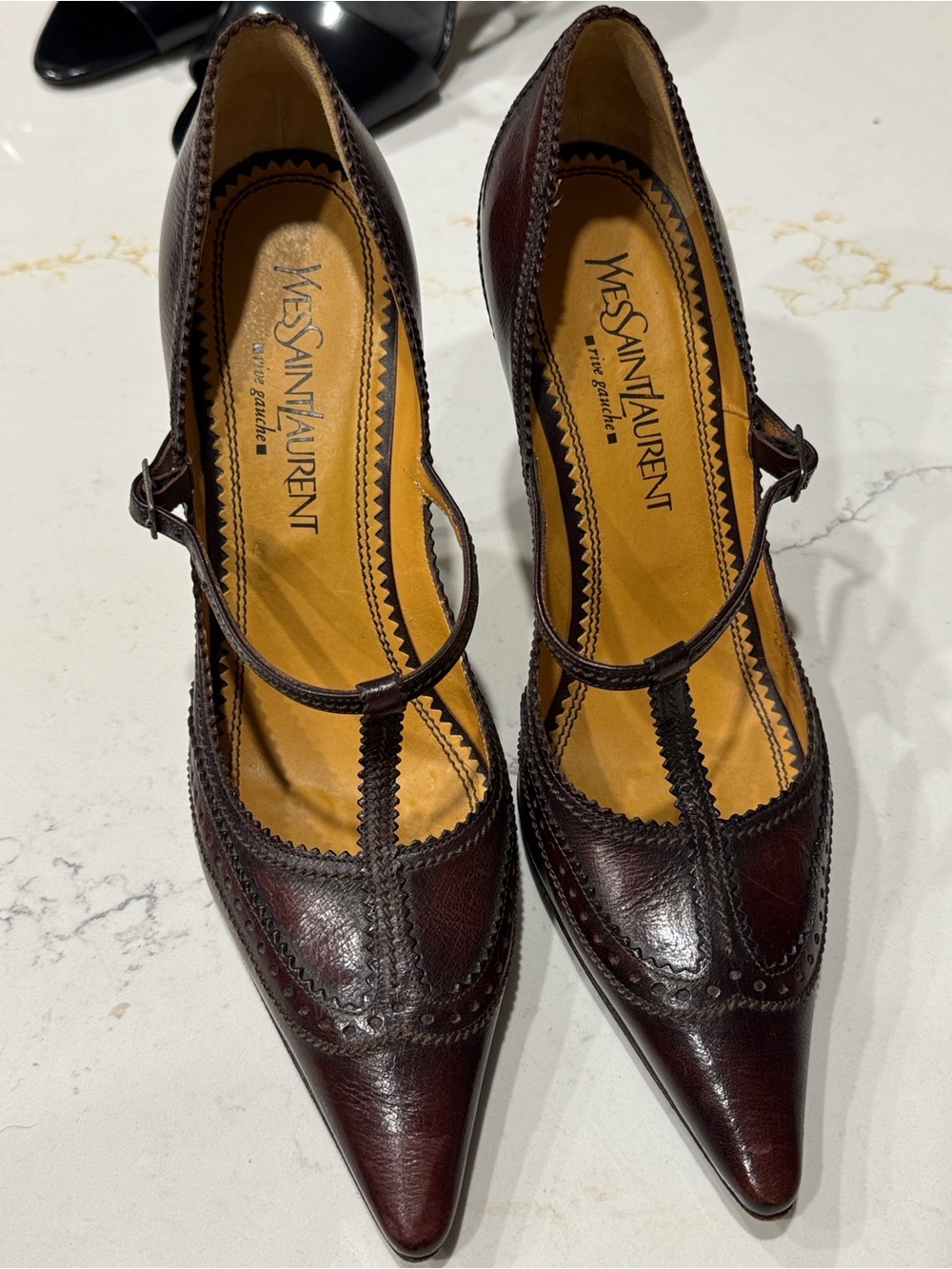 Yves Saint Laurent Dark Brown Leather T-Strap Pointed Toe Pumps